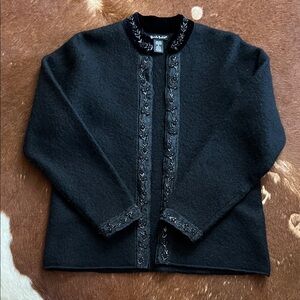 Alexandra Bartlett Wool Beaded Velvet Collar Cardigan Sweater S Black RetroGlam